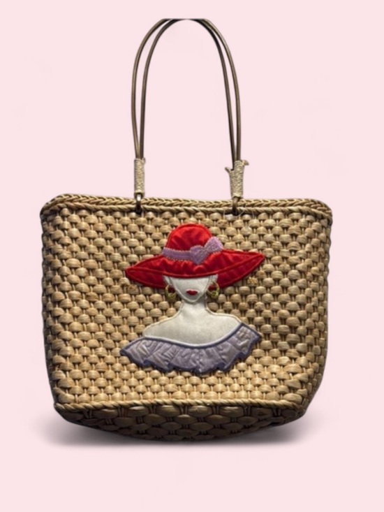 Handbags - Woven Straw Tote with Red Hat Applique